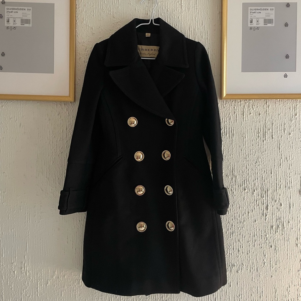 Burberry Black Pea Coat with Gold Buttons